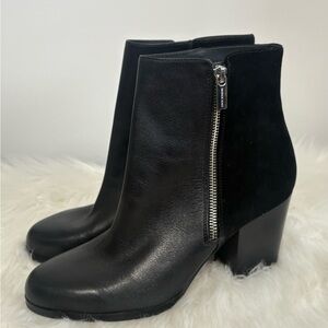 Michael Kors Black Leather & Suede Block Heel Ankle Boots with Side Zip